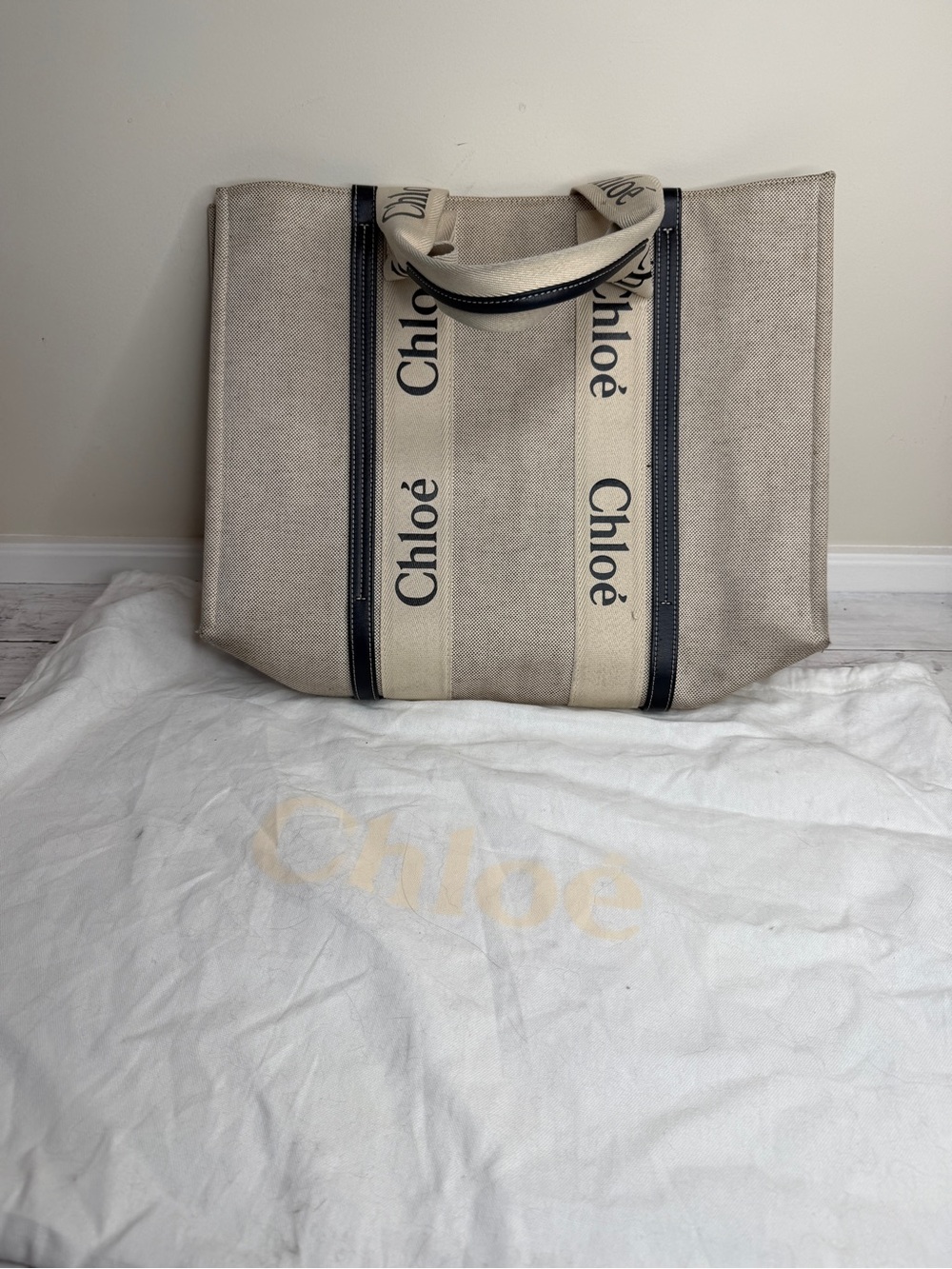 Chloé Beige Canvas Tote with Black Trim and Logo Straps